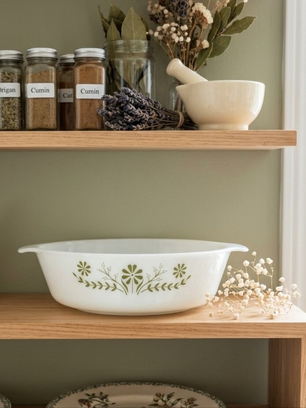 Vintage Milk Glass Casserole Dish with Green Floral Motif